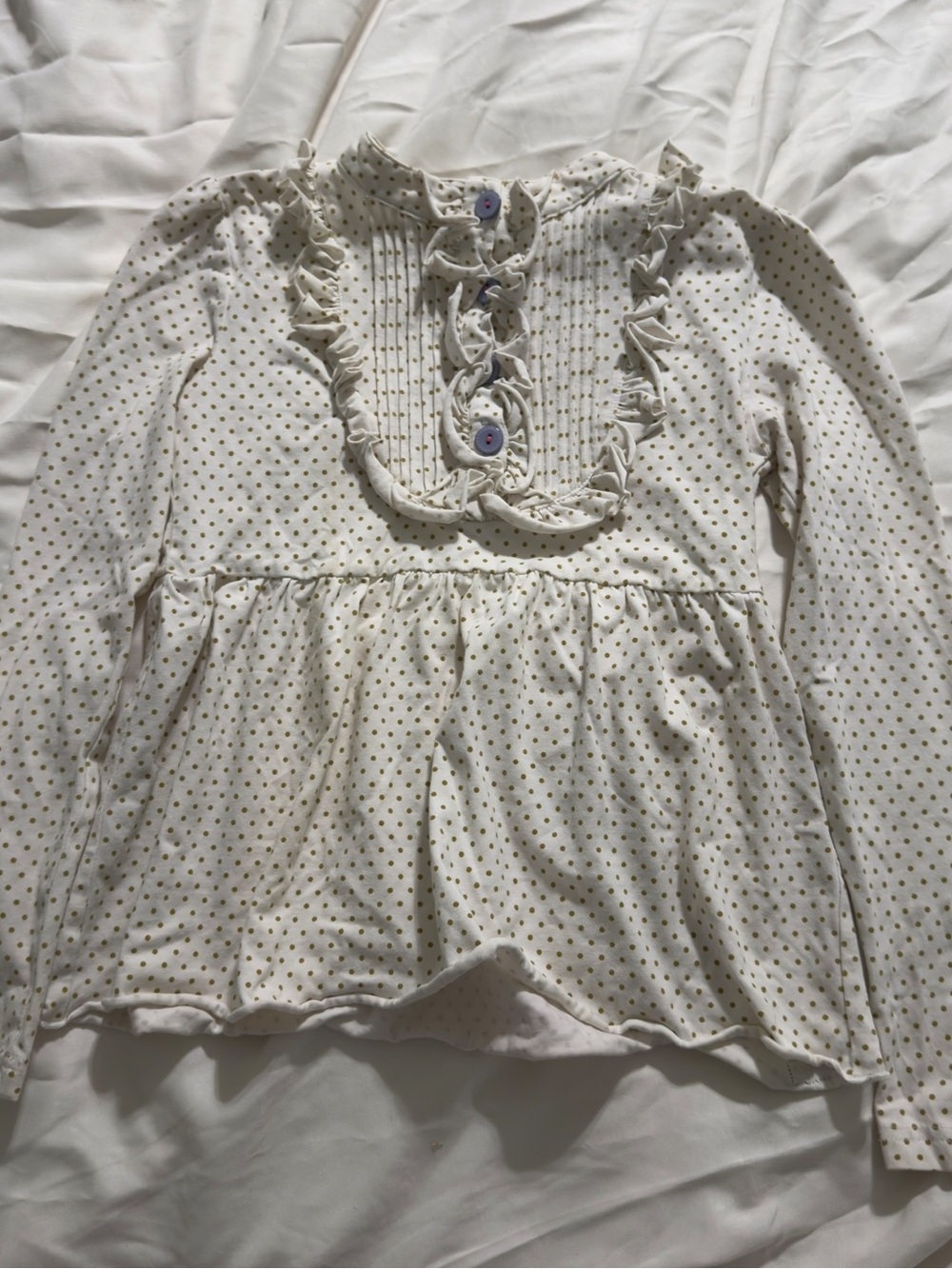 Matilda Jane Cream Long-Sleeve Ruffle Front Top with Gold Dots